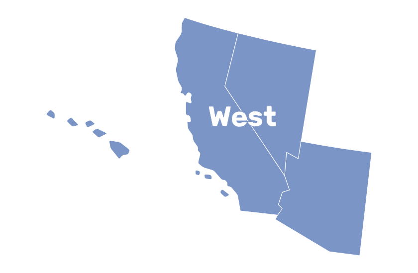 A map of Arizona, California, Hawaii, Nevada