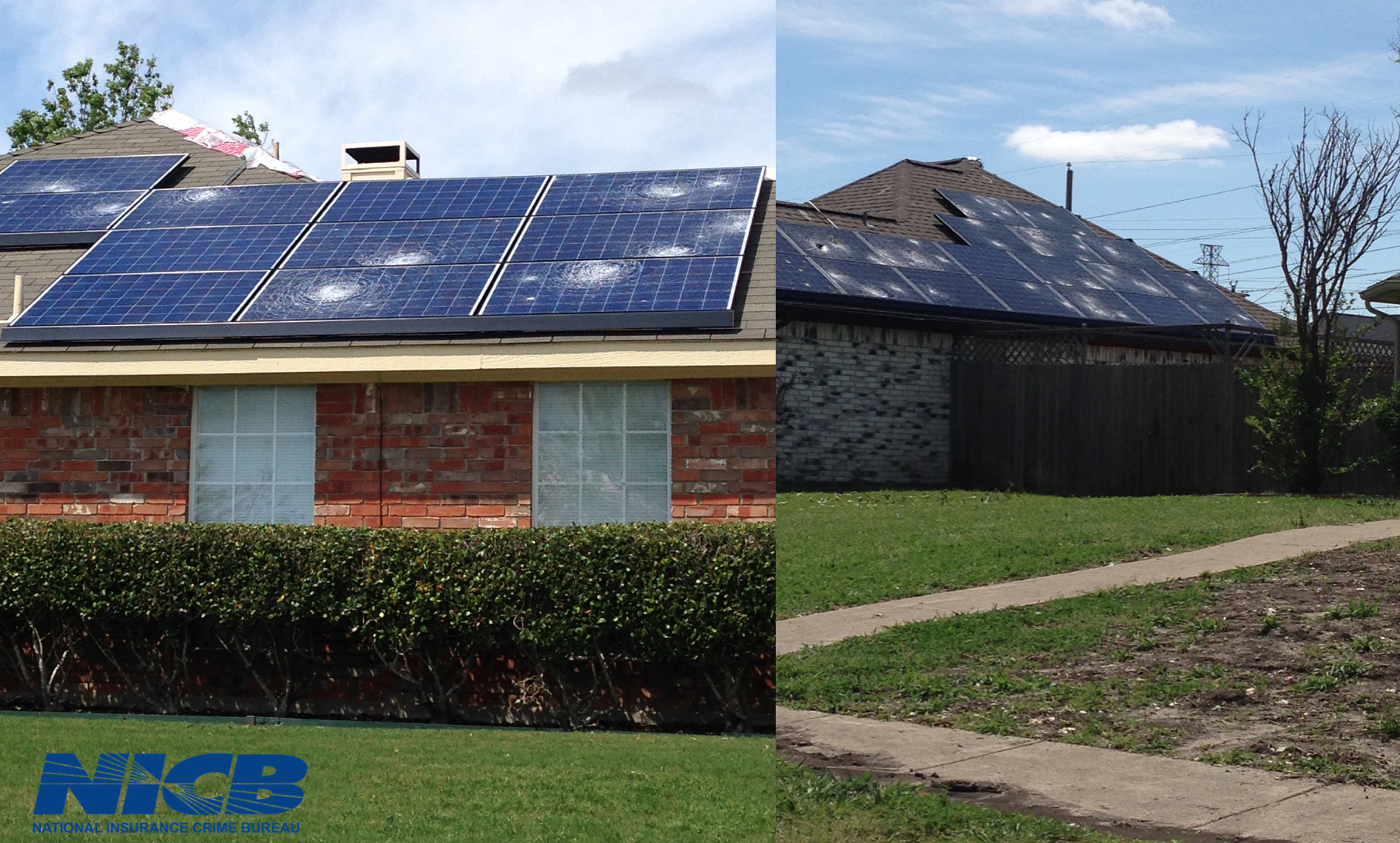 Hail destroyed solar panels on a roof